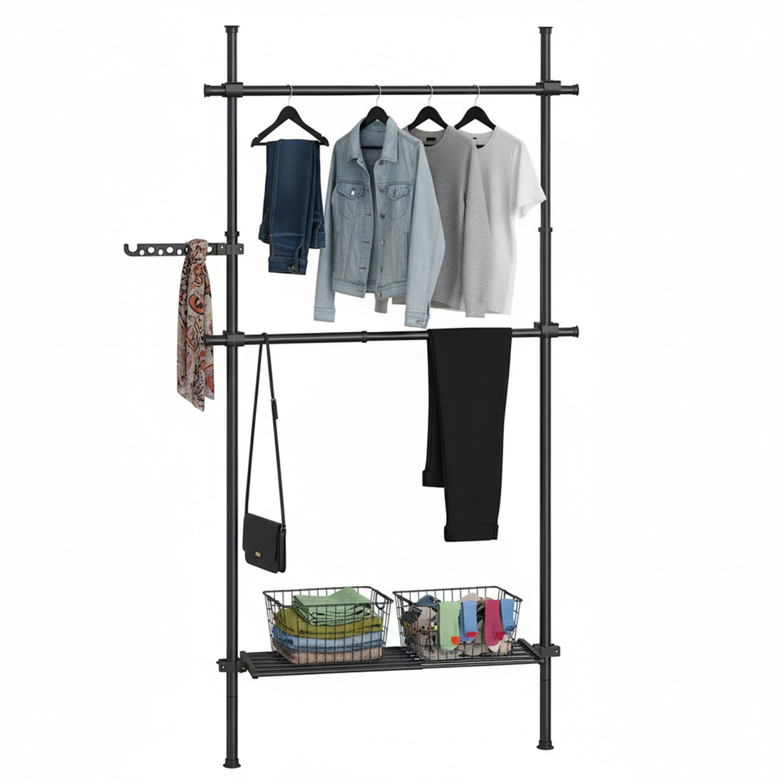 3-laags kledingrek met 2 stangen en plank | Zwart | 84-123x33,5x220-300 cm
