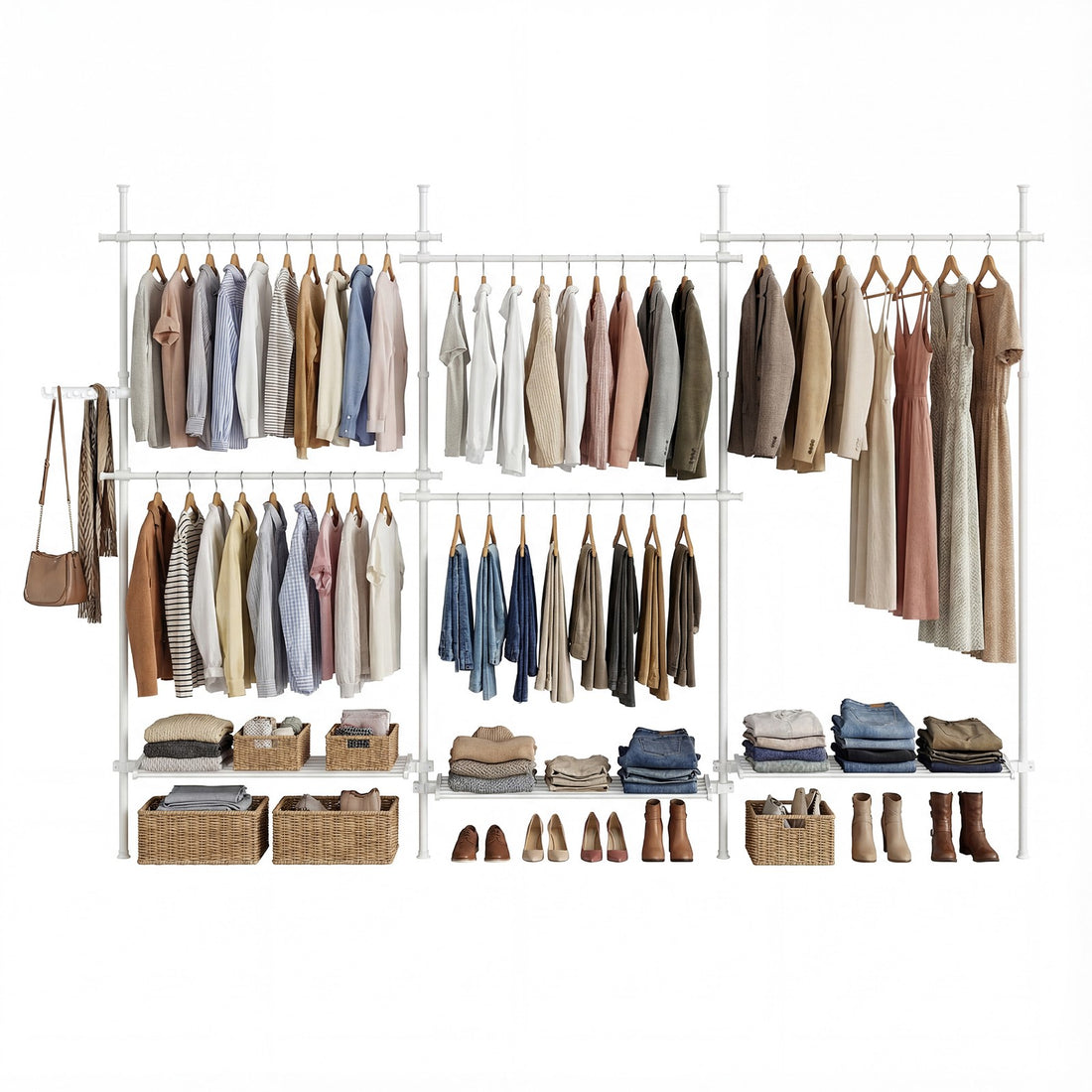 3-laags verstelbaar kledingrek met 6 kledingstangen en 3 planken | Wit | 240-353x33,5x220-300 cm