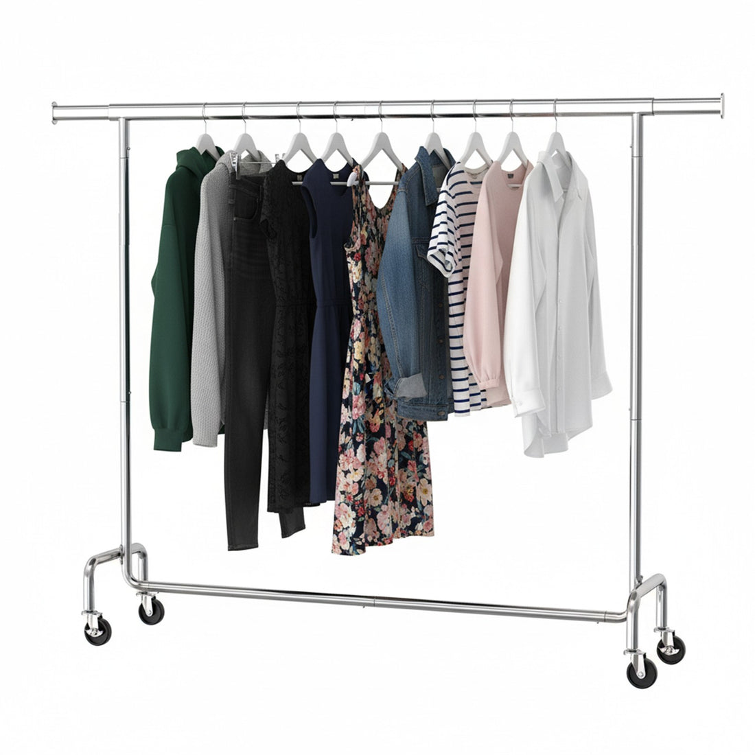 Kledingrek op wielen met uitschuifbare stang tot 110 kg | Zilver | 160-200x45x162,9 cm