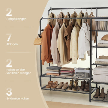 Kledingrek met 7 planken | Zwart | 115,8x45x172,8 cm
