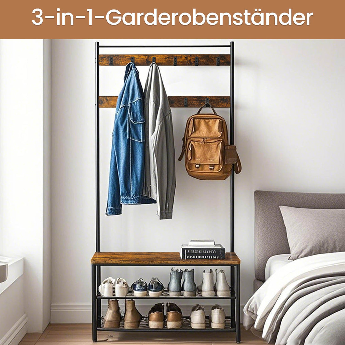 Garderobenständer - Vintage-Stil - Robustes Holz und Stahl - 32 x 85 x 175 cm