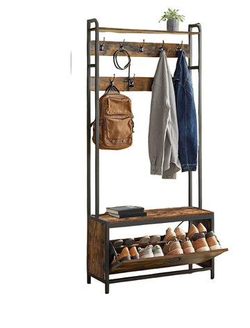 Kledingrek bruin zwart – halorganizer, hout en staal, 30 x 85 x 180 cm