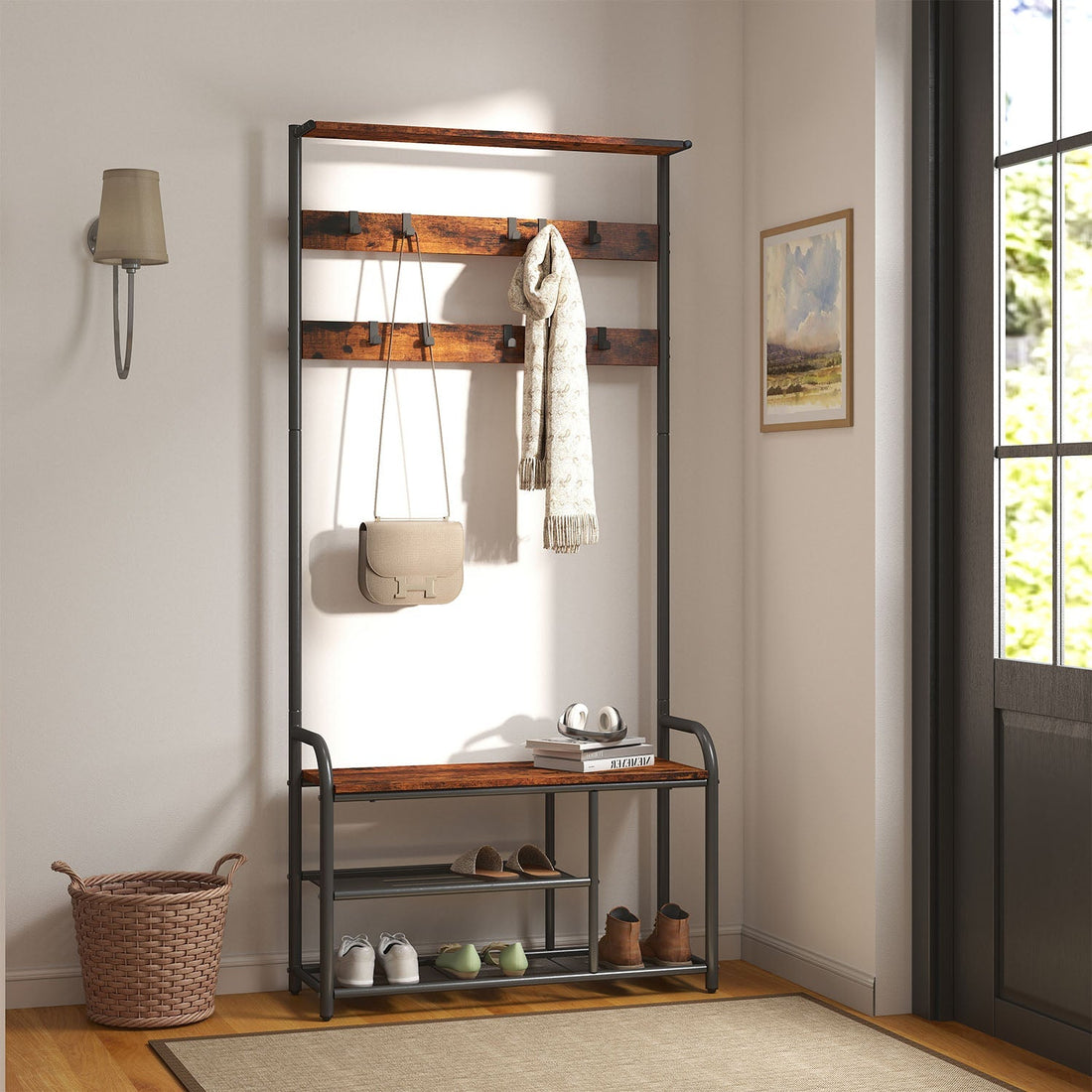 Garderobenständer Kleiderständer mit 9 Haken - Vintage Braun-Schwarz - 85 x 30 x 180,5 cm