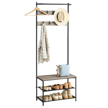Halmeubel schoenenbank en kledingrek, eenvoudig te monteren, 32,2 x 64 x 180 cm, bruin-zwart