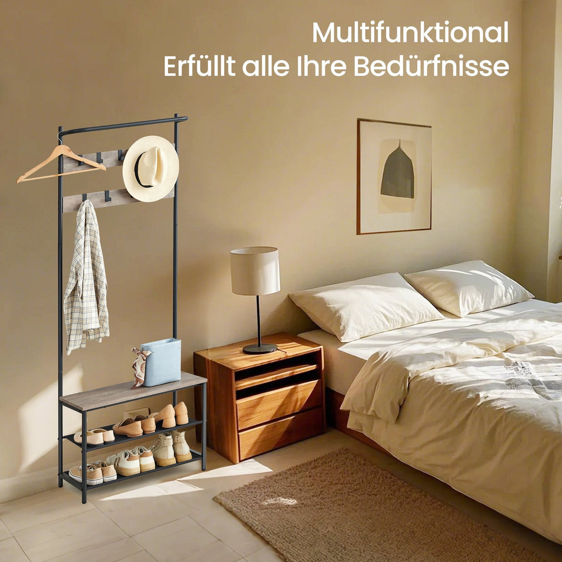 Halmeubel schoenenbank en kledingrek, eenvoudig te monteren, 32,2 x 64 x 180 cm, bruin-zwart