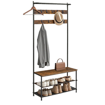Kapstok met schoenenbank, kledingrek, vintage bruin/zwart - 32,2 x 84 x 180 cm
