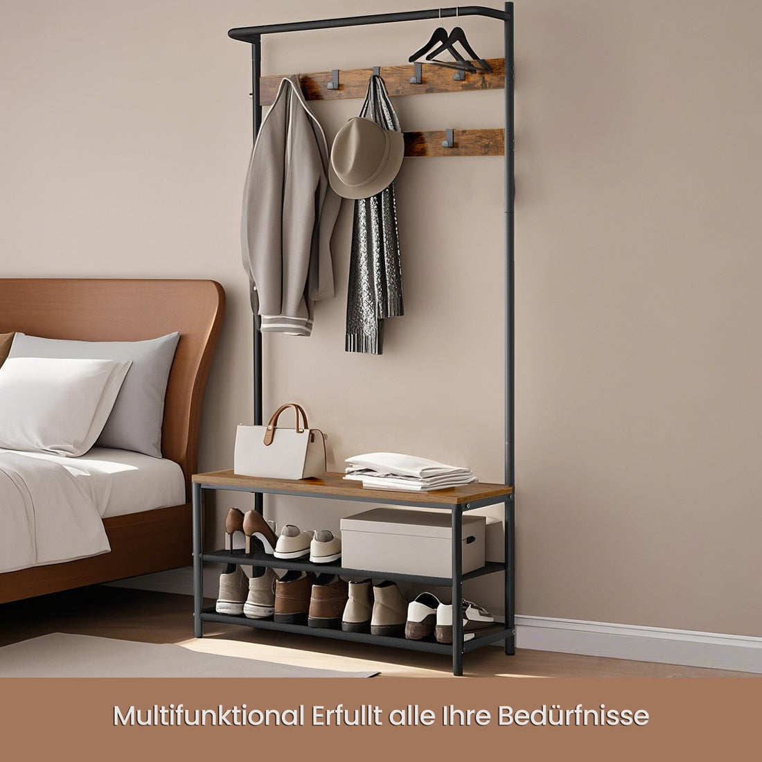 Kapstok met schoenenbank, kledingrek, vintage bruin/zwart - 32,2 x 84 x 180 cm