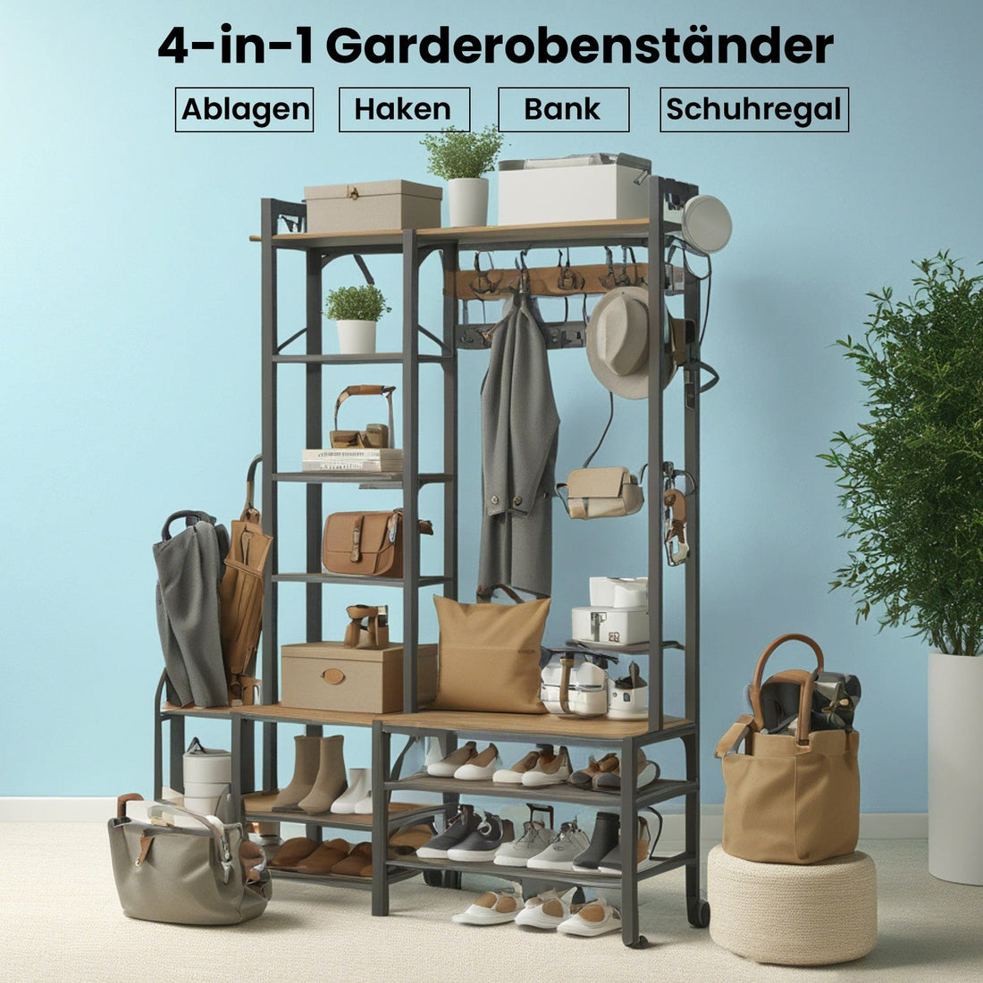 Garderobenständer mit Schuhbank und Kleiderhaken – 5 Ablagen – platzsparend – 40 x 120 x 190 cm