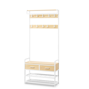 Garderobe met schoenenbank, schoenenopbergruimte, 2 laden | Goud eiken-wit | 80,4x30x181,6 cm