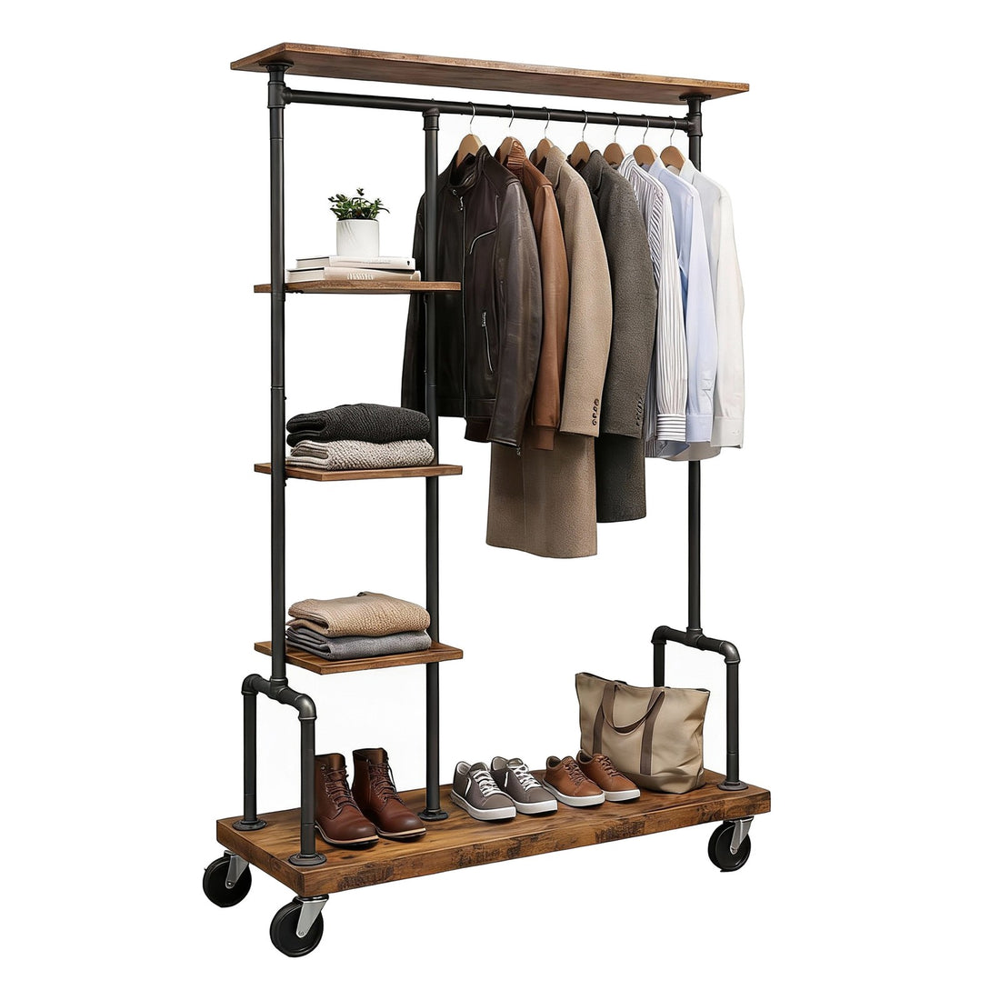 Kledingrek op wielen industrieel | Donkerbruin/Vintage | 103,5x40x174,5 cm