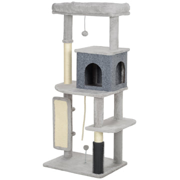 Kattenboom met krabpalen, kattenhuis en ligbed | Kleur: Grijs | Afmetingen: 44x55x132 cm