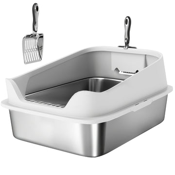 RVS kattenbak met hoge rand en schep | Kleur: Grijs | Afmetingen: 40,2x60,2x29,7 cm