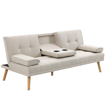 3-zits slaapbank met klaptafel | Kleur: Beige + naturel | Afmetingen: 181x77x78 cm