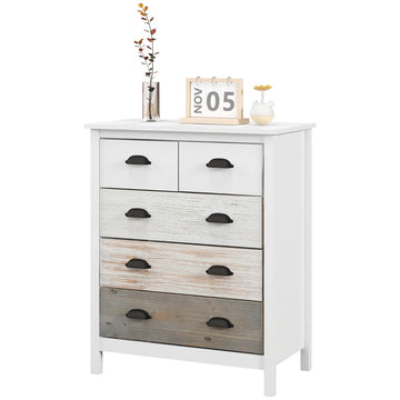 Dressoir met 5 laden - Ladekast | Kleur: Wit + Donkerbruin | Afmetingen: 70x38x85 cm