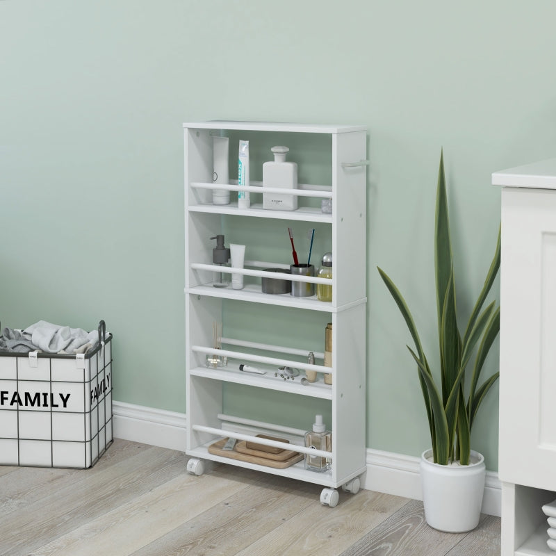 Smalle keukentrolley met wielen en 4 vakken | Kleur: Wit | Afmetingen: 45x15x91 cm