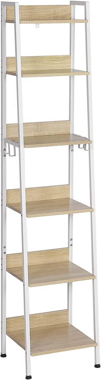 Opbergrek met 6 planken en 4 haken | Wit + lichte eik | 41x36x187 cm