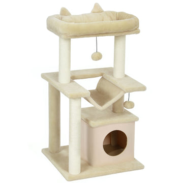 Katten krabpaal met hangmat en kattenhuis | Kleur: Cremeweiß | Afmetingen: 48x48x90 cm