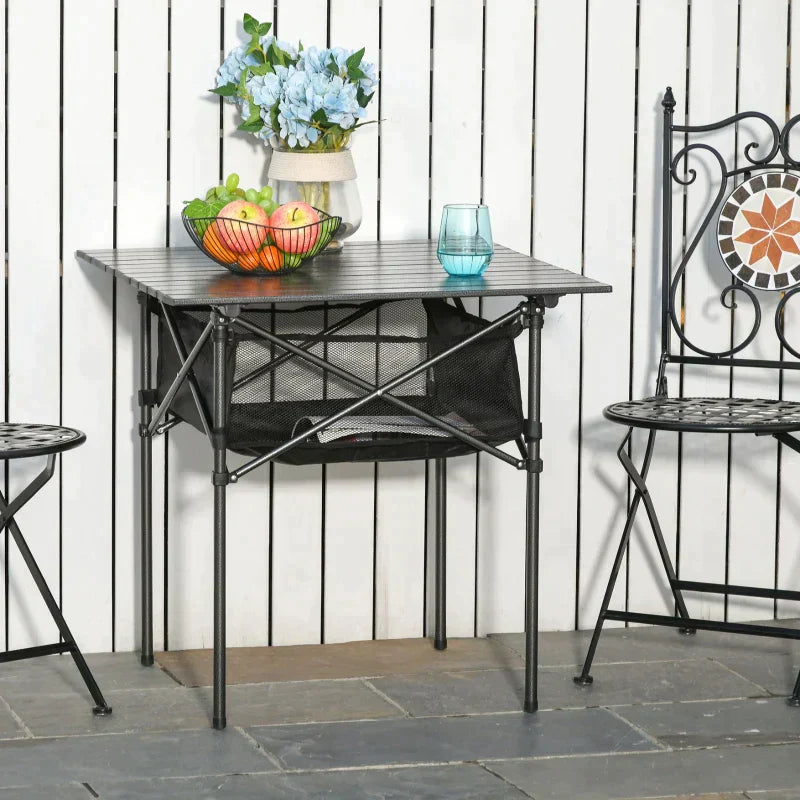Opvouwbare campingtafel met mesh opbergtas | Kleur: Zwart | Afmetingen: 70x70x69 cm