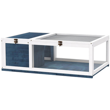 Houten schildpaddenhuis met ren | Kleur: Blauw, Wit | Afmetingen: 60,5x91x32 cm