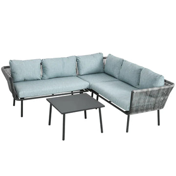 4-delige loungeset met hoekbank en tafel | Kleur: Zwart+Grijs+Blauw | Afmetingen: 120x71x65 cm