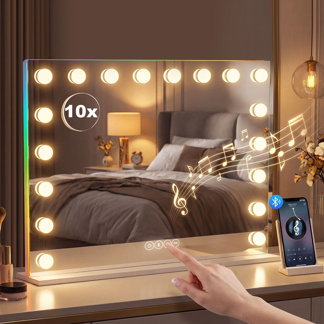 Hollywood Schminkspiegel mit 18 LED-Leuchten, RGB und Bluetooth | Farbe: Weiß | Maße: 80x14x60 cm