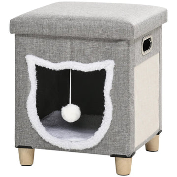 Kattencave met krabmat en kussen | Kleur: Crèmewit, grijs | Afmetingen: 35.5x35.5x42.5 cm
