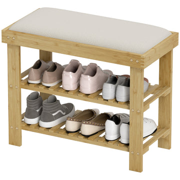 Bamboe schoenenbank met 2 vakken | Kleur: Bruin, Wit | Afmetingen: 60x29x49 cm