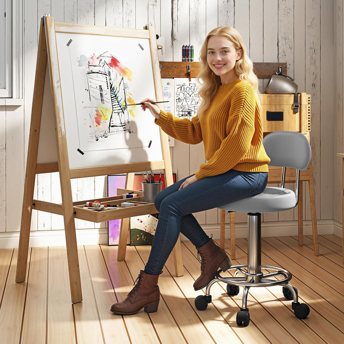 Rollhocker mit Rückenlehne - Verstellbar und drehbar | Farbe: Grau | Abmessungen: 32x40x70-86 cm