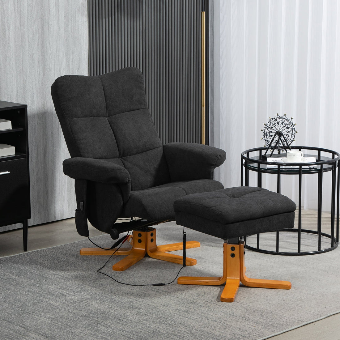 Massagesessel mit Hocker und Stauraum | Farbe: Schwarz | Abmessungen: 80x86x99 cm