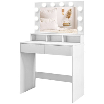 Make-uptafel met spiegel en Hollywoodverlichting | Kleur: Wit | Afmetingen: 80x40x135 cm