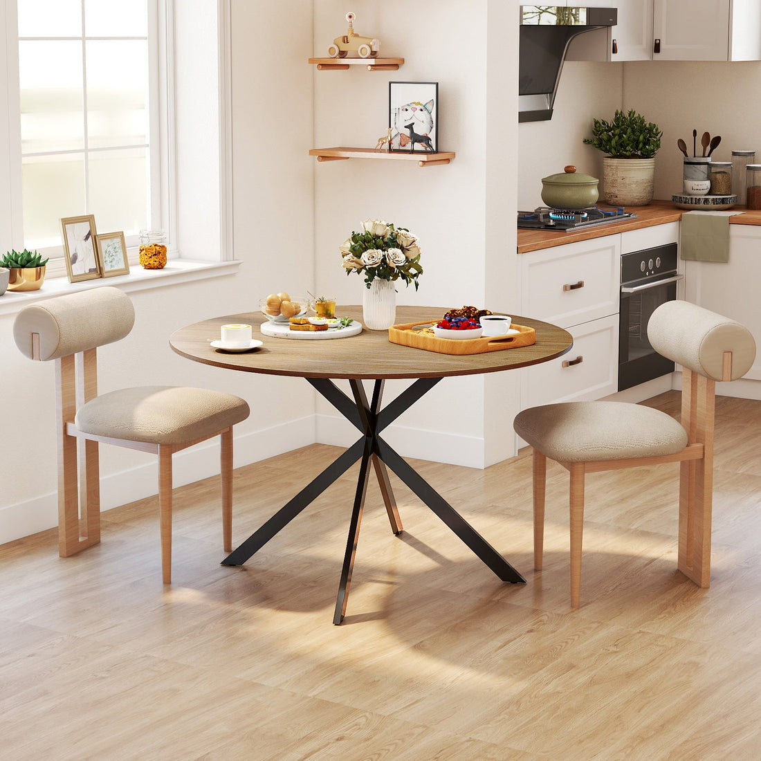 Ronde eettafel voor 4 - Industriële tafel | Kleur: Bruin+Zwart | Afmetingen: 120x120x75 cm