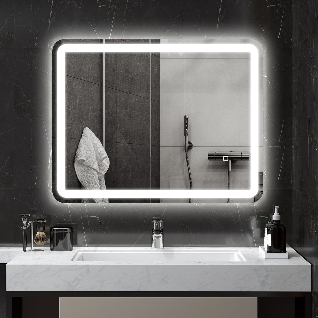 LED-Badezimmerspiegel, Anti-Beschlag, dimmbar | Farbe: Silber | Abmessungen: 70x4x90 cm