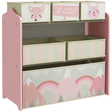 Kinderkast met 6 stoffen opbergboxen, roze en groen | Kleur: Roze, Groen | Afmetingen: 63x30x66 cm
