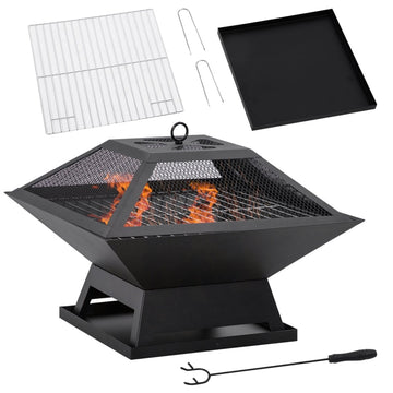 Vuurkorf met grillrooster en vonkenkap | Kleur: Zwart | Afmetingen: 45x45x34 cm