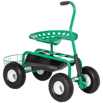 Tuinwagen met zitting en draaibare stoel | Kleur: Rood | Afmetingen: 44.5x81x46-59 cm
