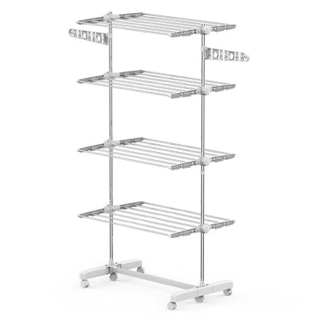 Mobiel kledingdroogrek op wielen | Kleur: Wit + Zilver | Afmetingen: 55x142x172 cm