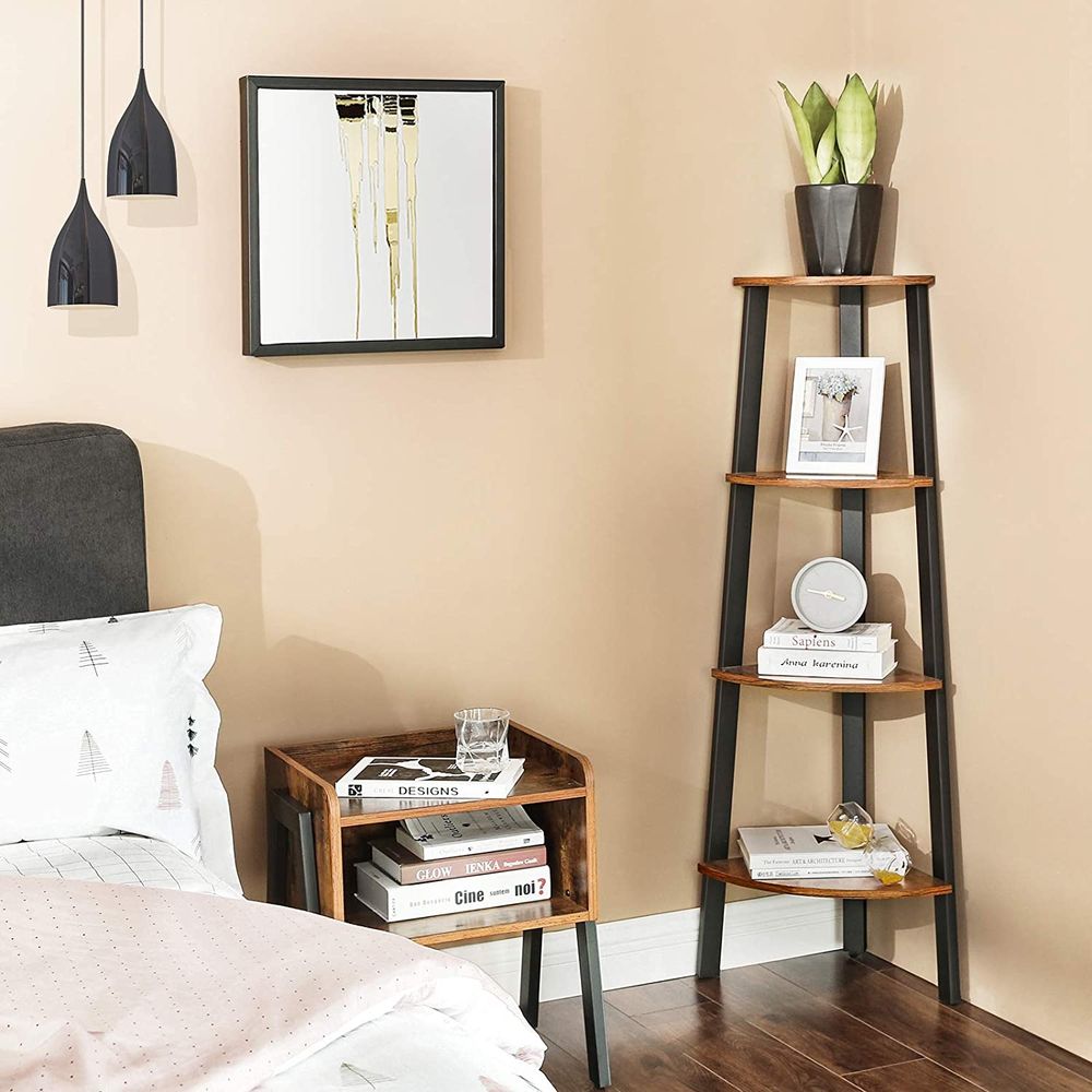 Hoekrek met 4 planken - industrieel wandrek - vintage bruin-zwart - 34 x 125 x 34 cm