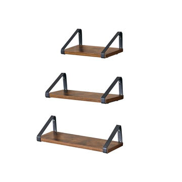 Set zwevende wandplanken vintage bruin-zwart - spaanplaat en staal - 30/35/40 cm