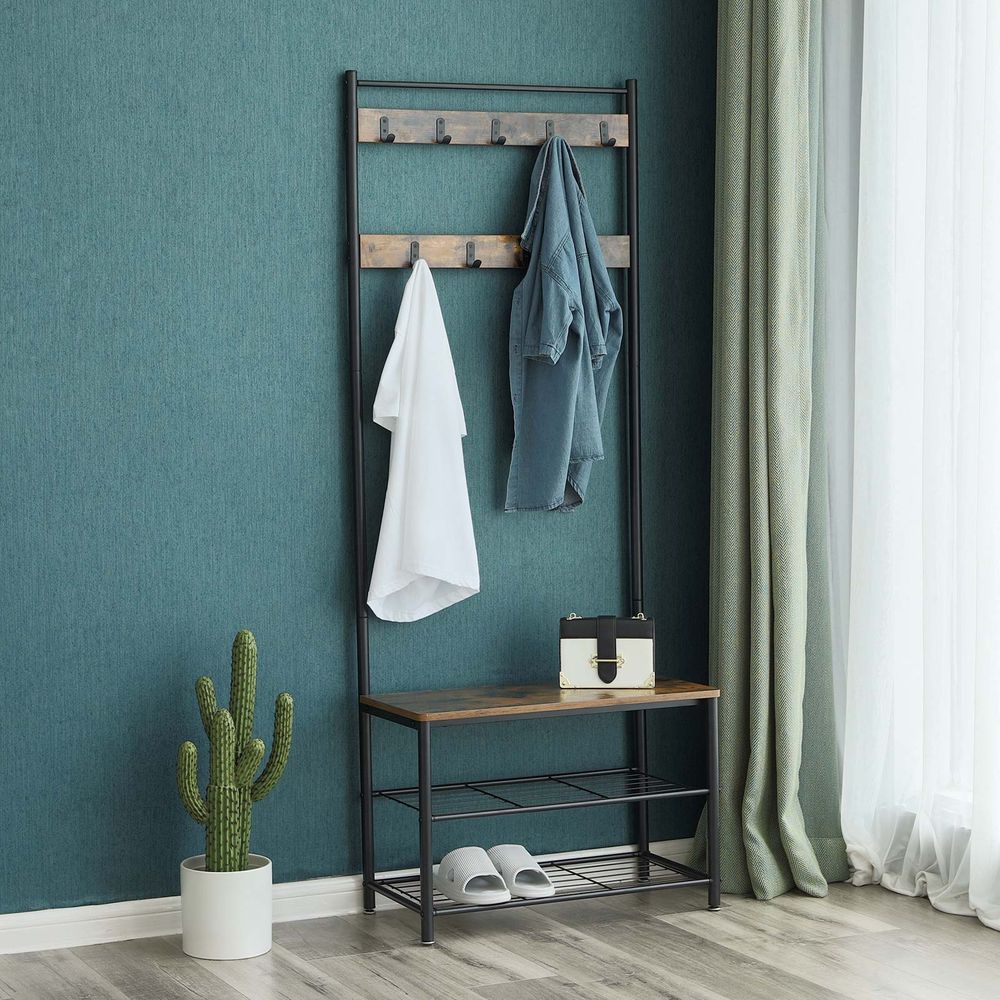 Garderobe mit Schuhregal, Sitzbank und 3 Ablagen – Industrie-Design – 70 x 175 x 32 cm