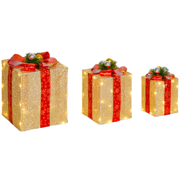3-delige kerstcadeaudozen met 58 LED's | Kleur: Goud | Afmetingen: 25,5x25,5x35 cm