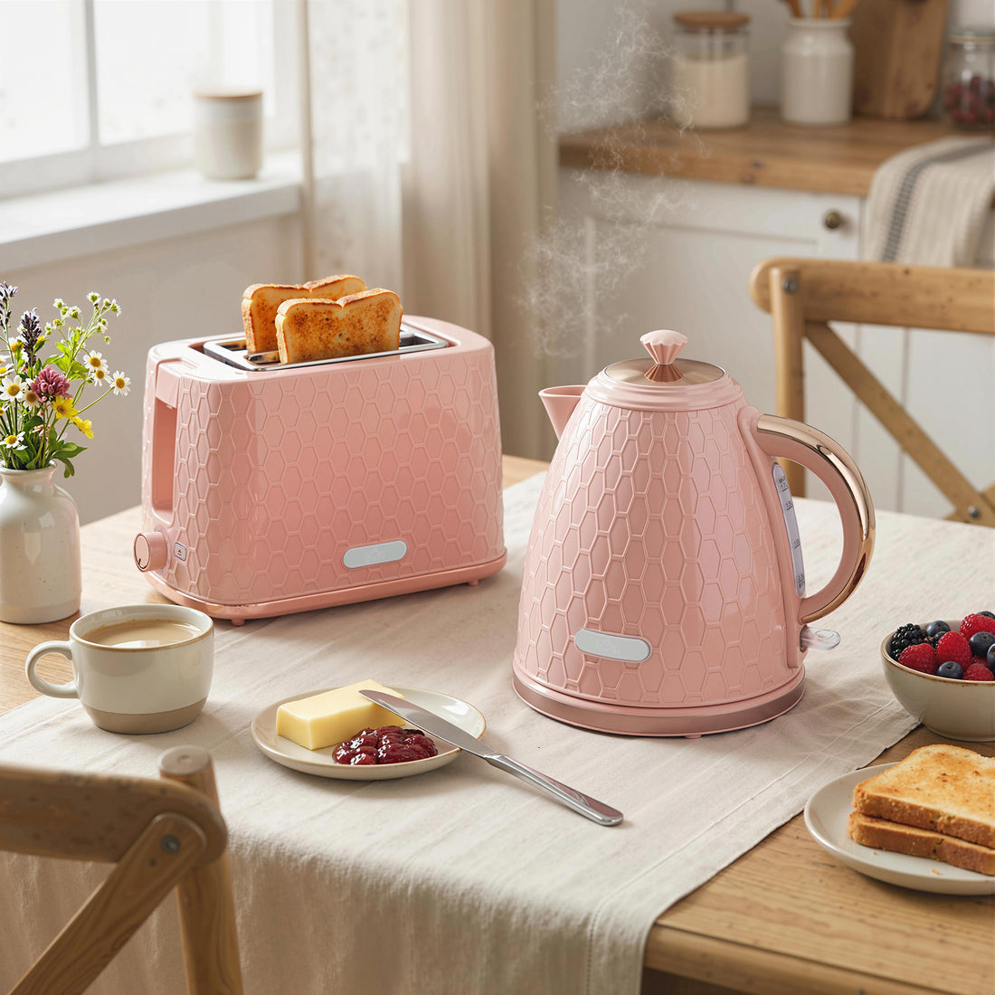 Waterkoker- en broodroosterset 1,7 l, roze | Kleur: Roze | Afmetingen: 19,5x24,2x23,4 cm