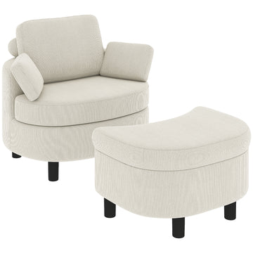 Fauteuil met opberghocker en hoofdsteun | Kleur: Crèmewit | Afmetingen: 85,5x69x78 cm