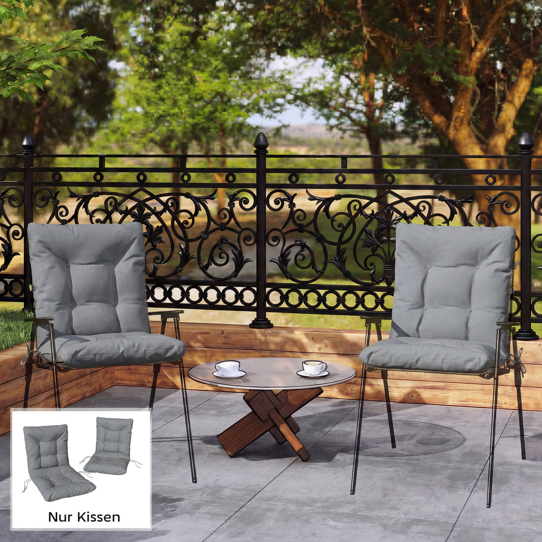 Outdoor-Sitzkissen mit Rückenlehne, 2 Stück | Farbe: Hellgrau | Maße: 50x120x8 cm
