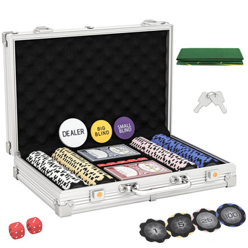 Pokerchips set met zilveren koffer en accessoires | Kleur: Zilver | Afmetingen: 22.5x29.5x6.5 cm