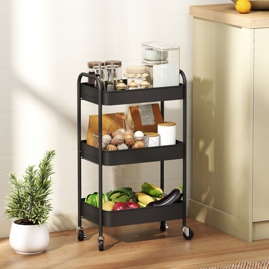 Keukenwagen op wielen met 3 etages en haken | Kleur: Zwart | Afmetingen: 30,6x45x79 cm