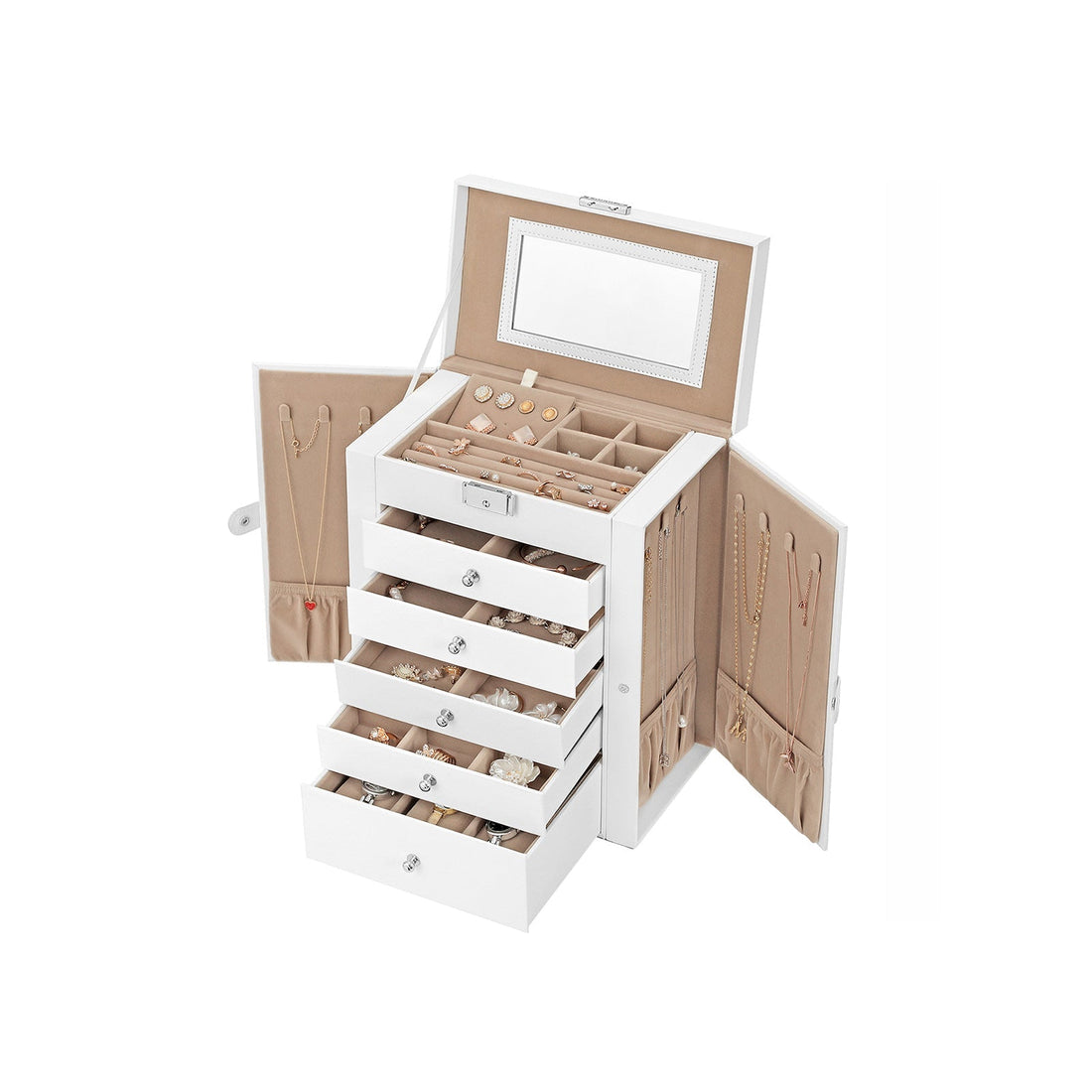 Witte sieradendoos - Organizer - MDF - Fluwelen voering - Grote spiegel - 26 x 15,5 x 32 cm