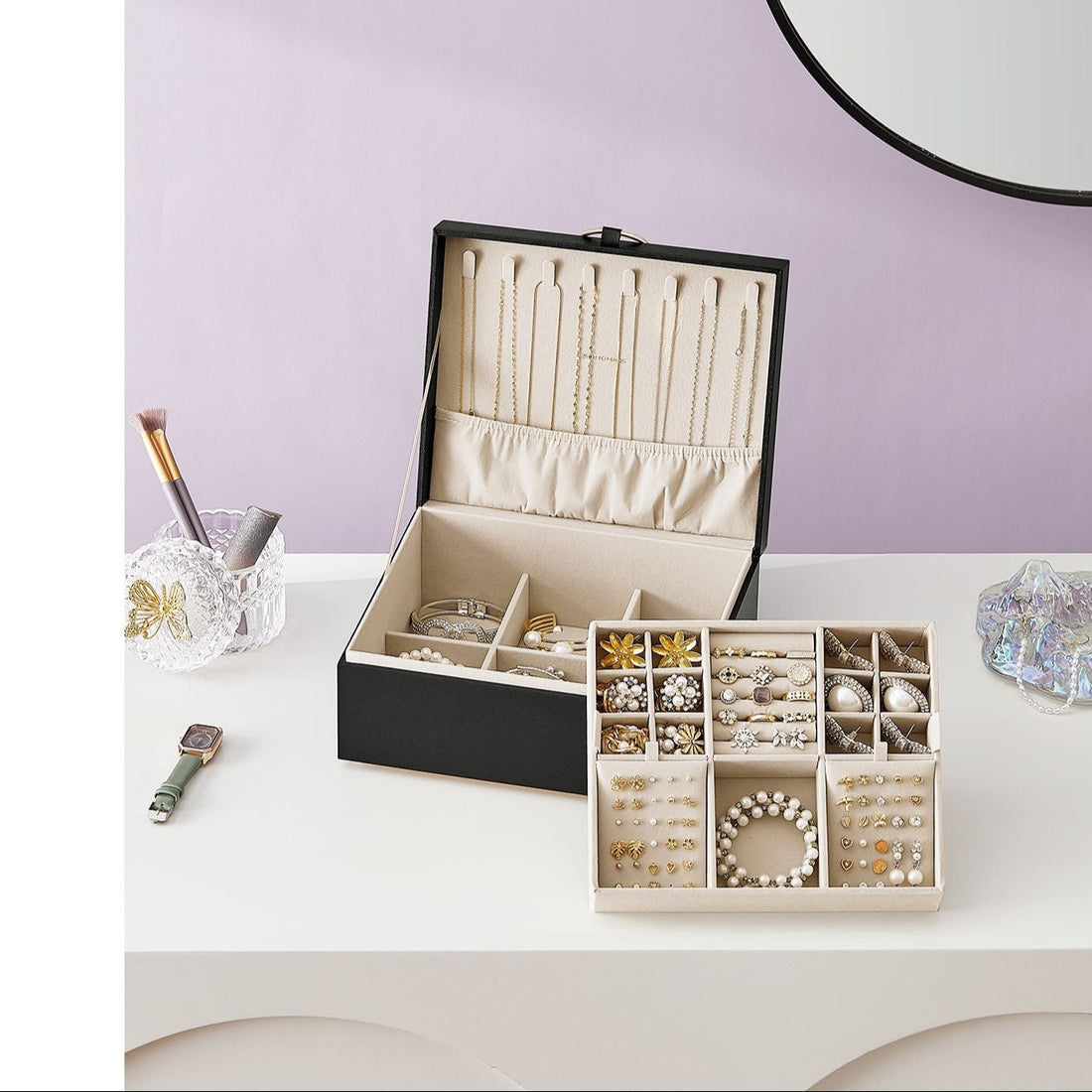 Schwarze Schmuckschatulle - Schmuckorganizer - Aufbewahrungsbox aus Samt - MDF - 20,5 x 24 x 11 cm