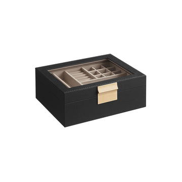 Juwelendoosje met 2 niveaus en glazen deksel - zwart - 18,5 x 23 x 8,5 cm