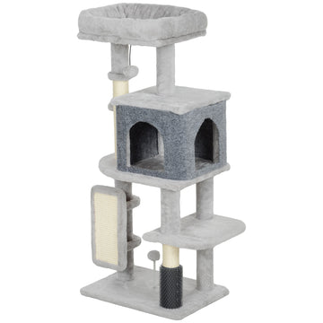 Kattenkrabpaal met kattenhuis en ligbed | Kleur: Grijs | Afmetingen: 44x34x104 cm