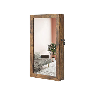 Hangende sieradenkast vintage bruin - spiegeldeur - fluweel - 37 x 10 x 67 cm